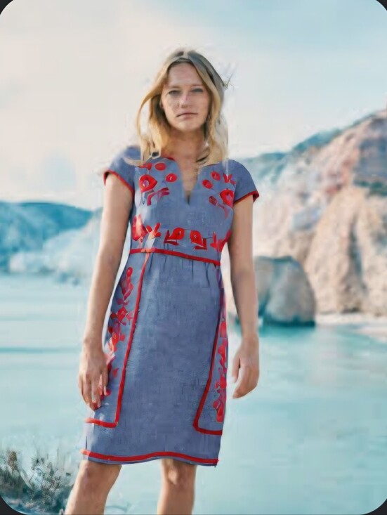 Boden Dresses & Skirts - Boden Chambrey Linen Blue Embroidered Shift Dress with Red Floral Accents US 4
